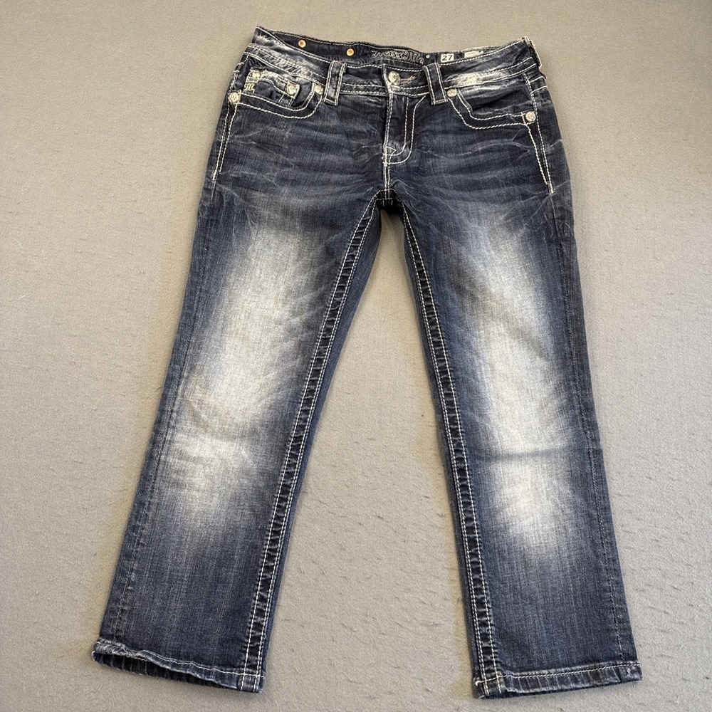 Miss Me Jeans WOMENS 27 Cuffed Capri EMBELISHED RHINE-SEQUINS WHISKERING - Picture 3 of 10